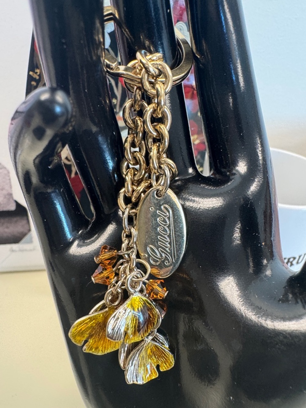 Gucci Gold-Tone Keychain with Yellow Enamel Flower Charms